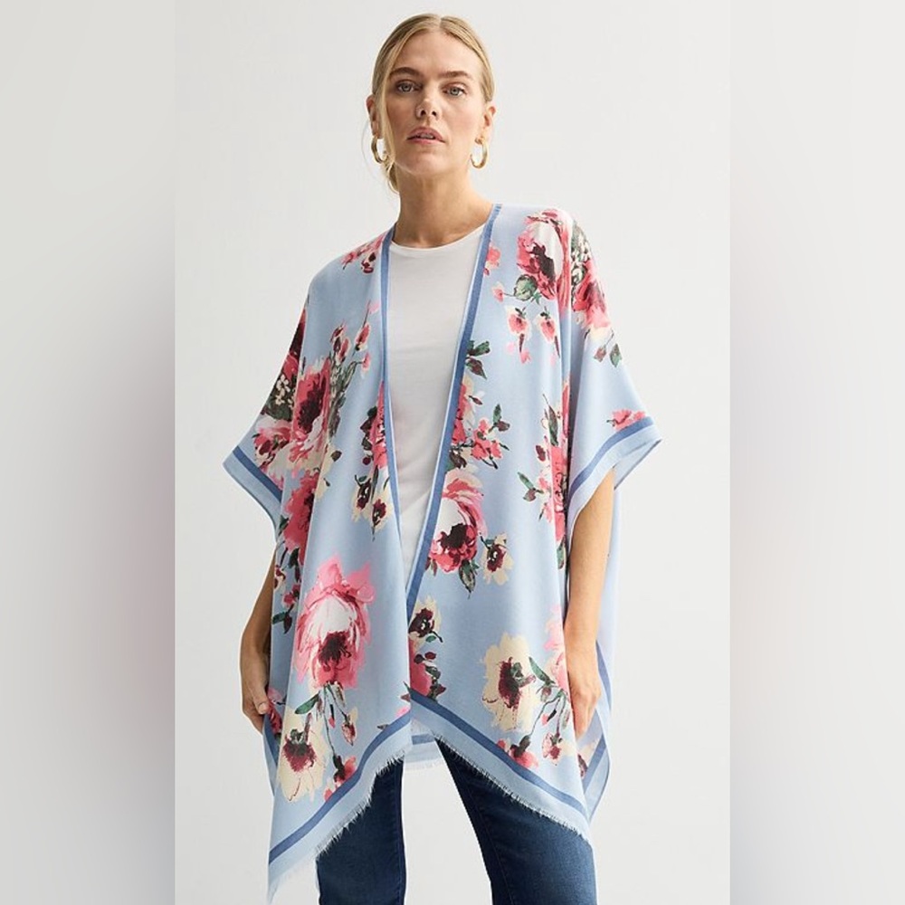 Nine West “Pink Flowers” Kimono- L. Blue O/S NWT - Picture 2 of 2